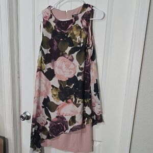 SLNY Floral Overlay Sleeveless Dress Pink Purple Rose Print Size 8
